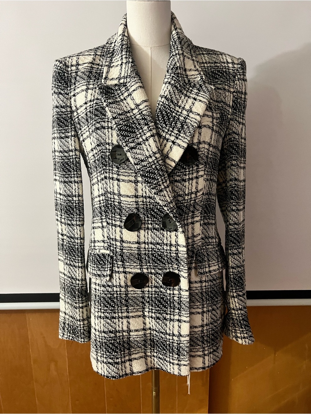 ZARA Textured Ecru Black Double Breasted Blazer Medium